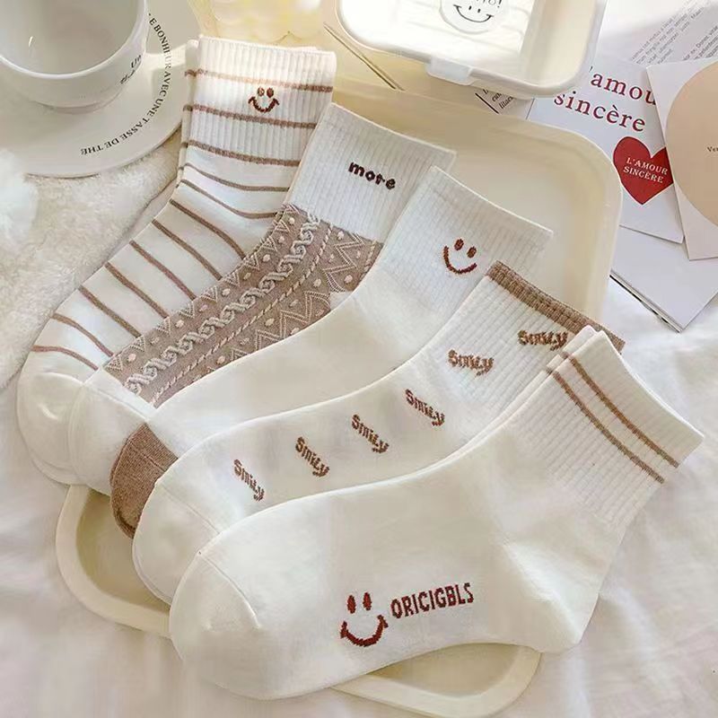Thin Internet Celebrity Versatile Korean Japanese Style Stripe Cute Smiley Face Students' Socks
