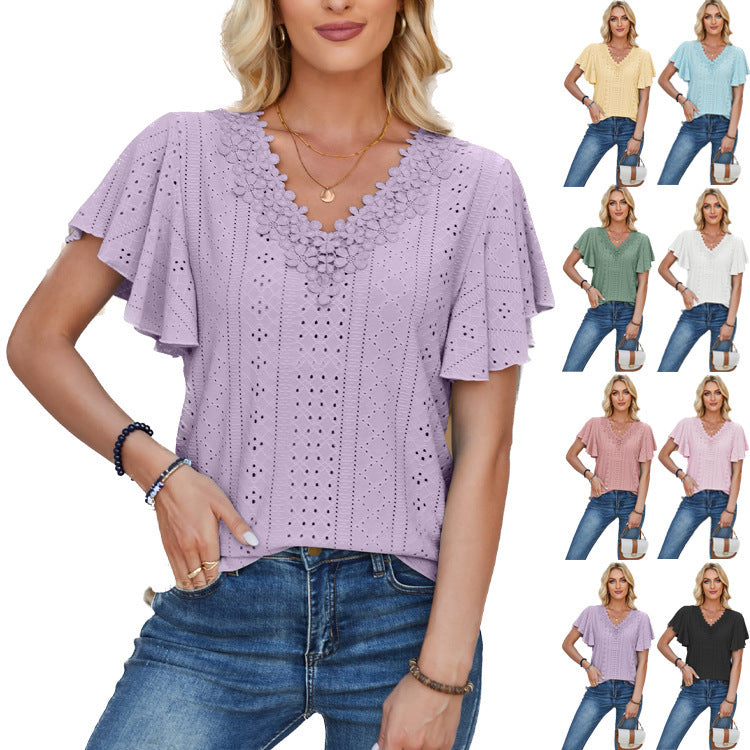 Women's Spring And Summer Lace Ruffle Sleeve Solid Color Loose Short Sleeve