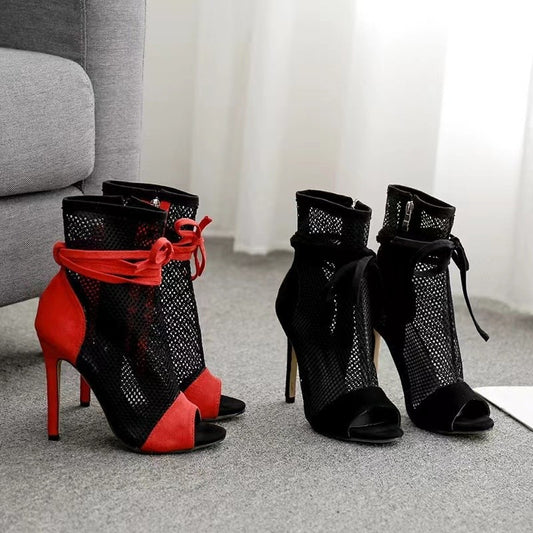 Fish Mouth Splicing Hollowed Out Simple Bow High Heels Women's Large Size Side Zipper Fashion Cool Boots