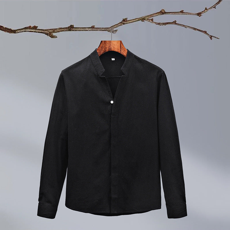 Cotton And Linen Crepe Solid Color Chinese Style Men's Long-sleeved Shirt