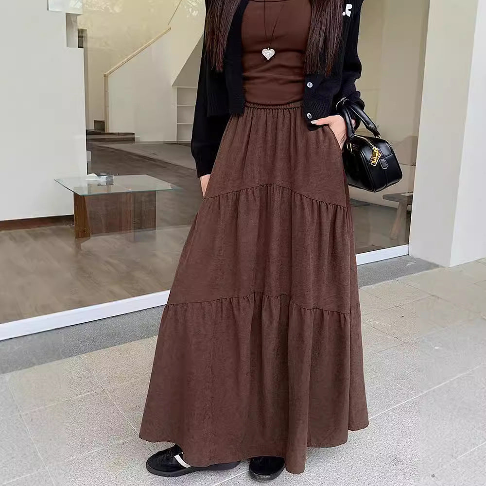 Pleated Stitching Elastic Waist Loose All-match Large Swing A- Line Dress