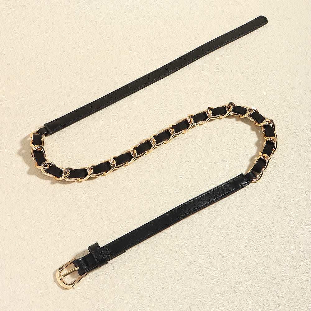European And American Simple Women's Metal Chain Woven PU Stitching Belt Punk Versatile Simple Waist Chain
