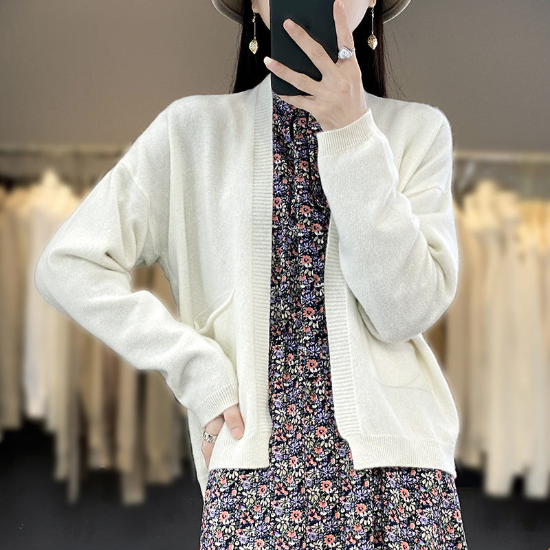 Spring And Autumn New Cardigan Solid Color And V-neck Thin Loose Slimming And All-matching Coat With Pocket
