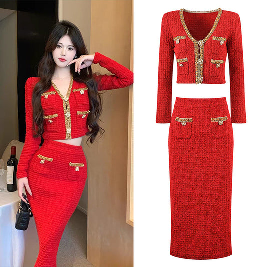 Light-luxury Beaded V-neck Slim-fit Short Top And Midi Skirt Set