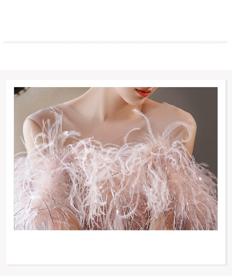 Niche High-end French Style Feather Evening Dress For Women