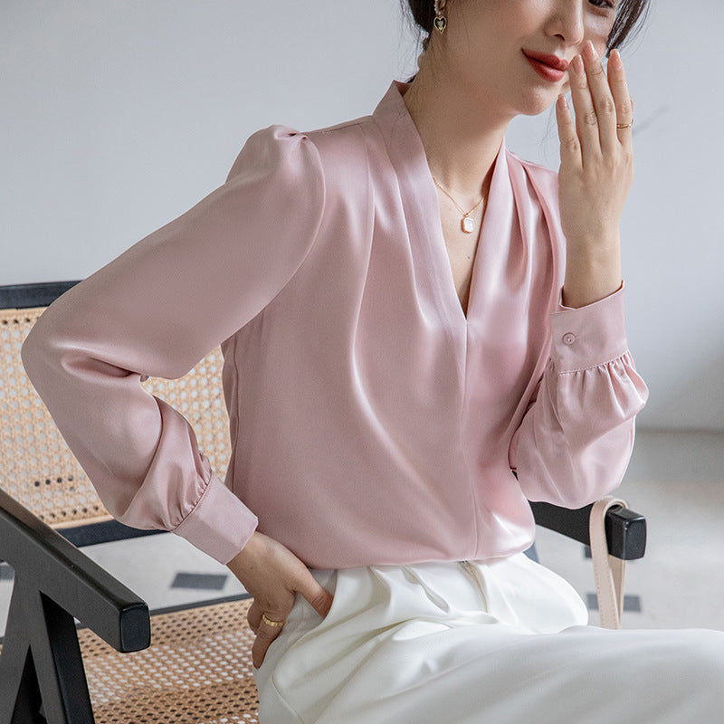 V-hals Skjorte Dame Design Acetat Satin Enkel Elegant Top