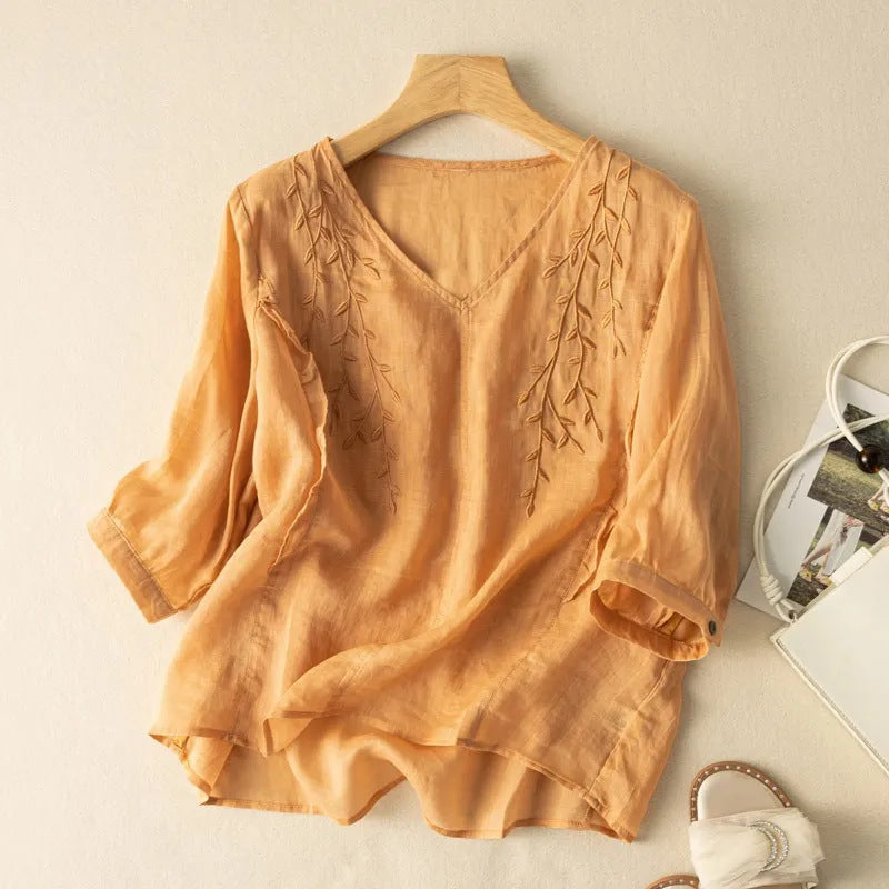 Relaxed Artistic And Retro Three-quarter Sleeves