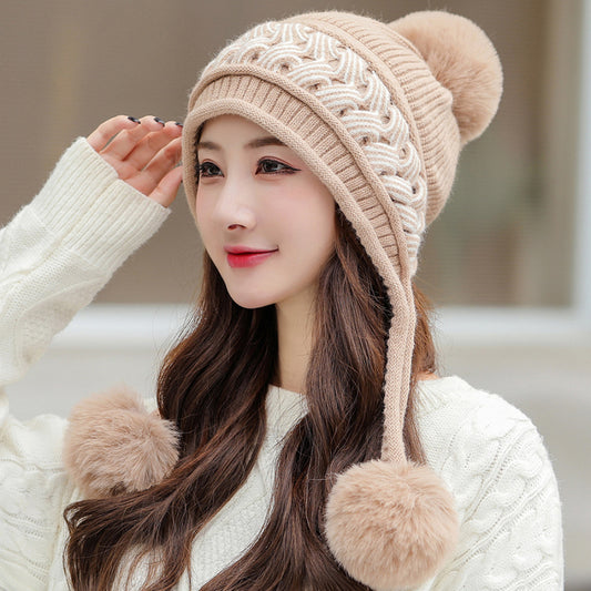 Color-blocking Twist Three-hair Ball Ear Protection Wool Hat