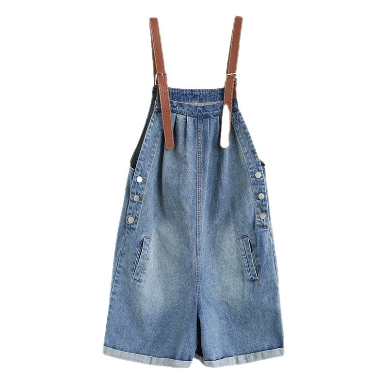 Korean Version Of The New Fat Sister Summer Contrast Color Shoulder Strap Denim Overalls 5 Points