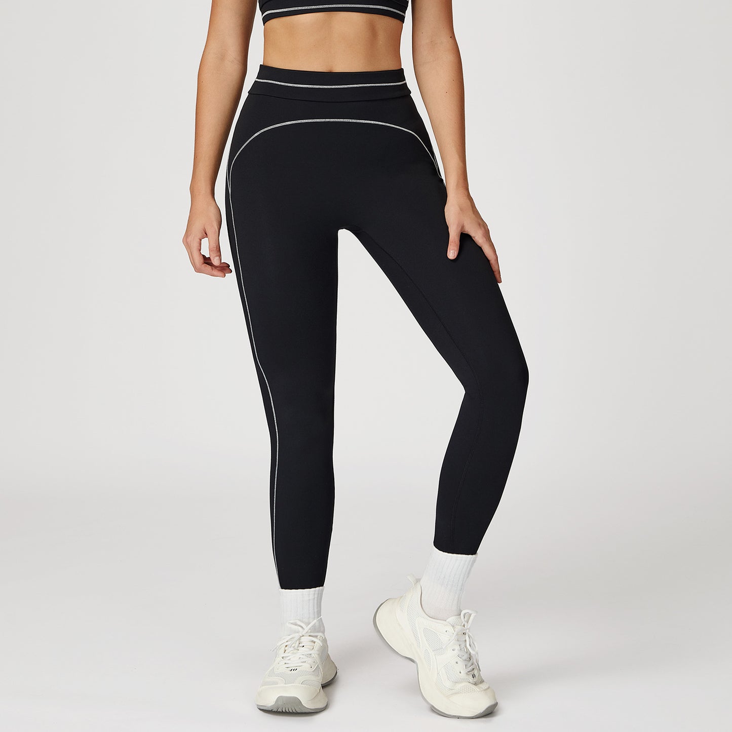 Contrast Color Brushed Yoga Trousers Fold High Waist