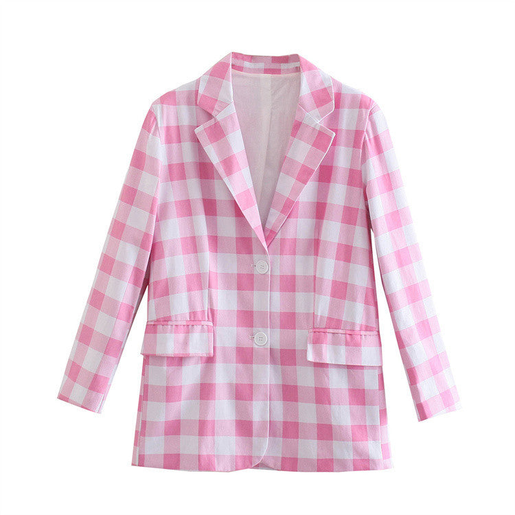 Spring And Summer New Plaid Loose Lapel Thin Suit Jacket