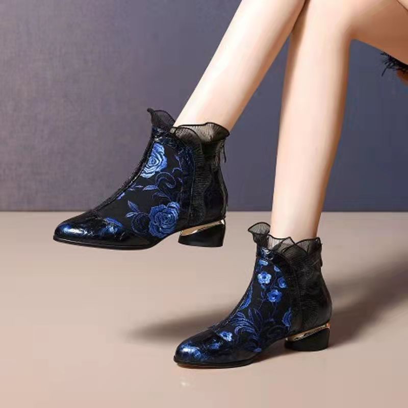 Women's Shoes Embroidered Short Boots Women's Ethnic Style Large Size Lotus Leaf