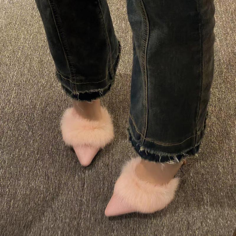 Furry High Heel Sandals Women's Wild French Pointed Fashion