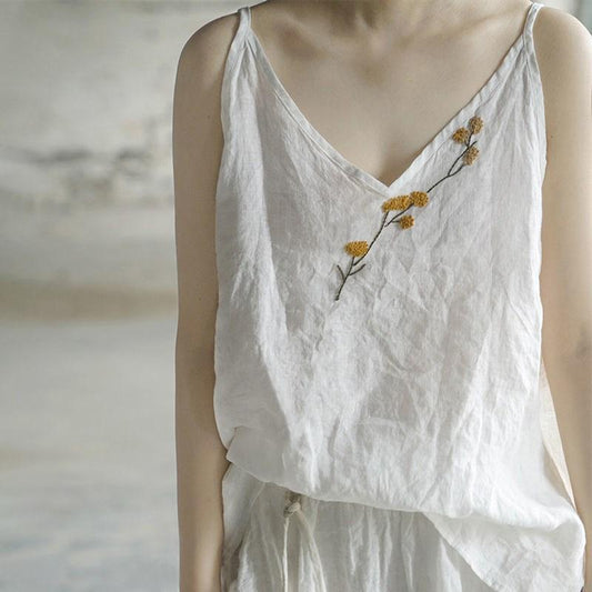 Pure Cotton And Linen Summer New Vintage Solid Color Embroidered  Vest