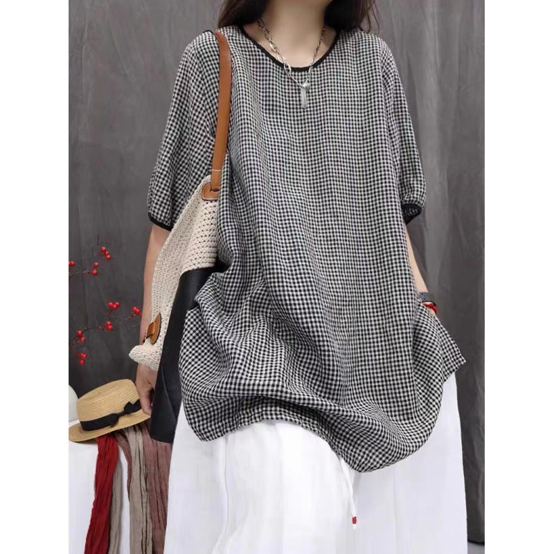 New Vintage-style Loose-fitting Oversized Artistic Top Plaid Casual Versatile Mid-sleeve Shirt