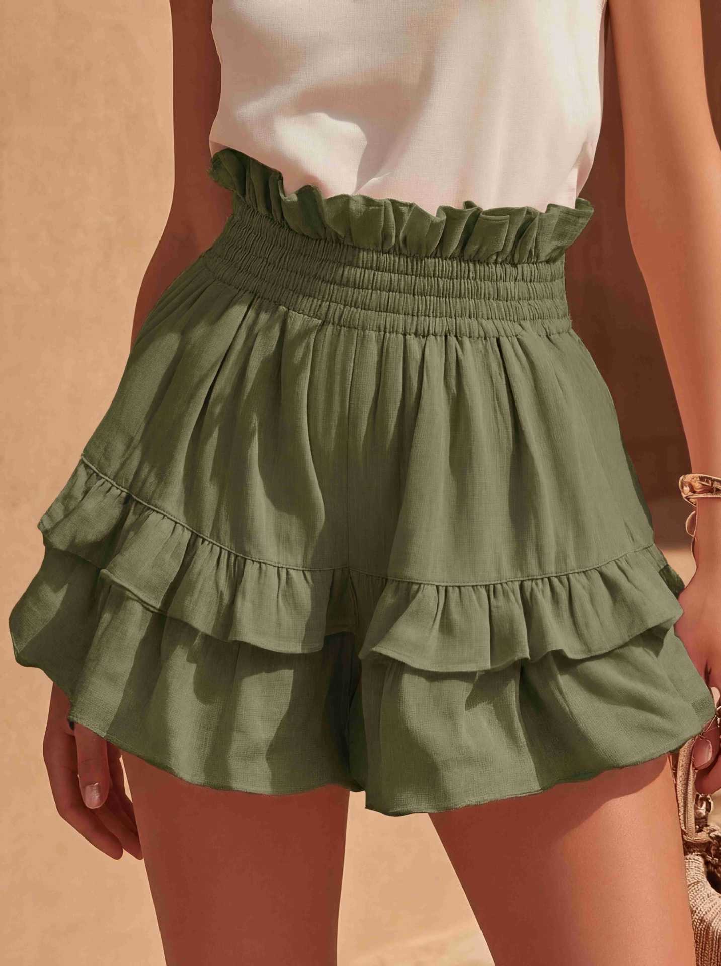 Fashionable Cinched Waist Ruffle Trim Casual Shorts