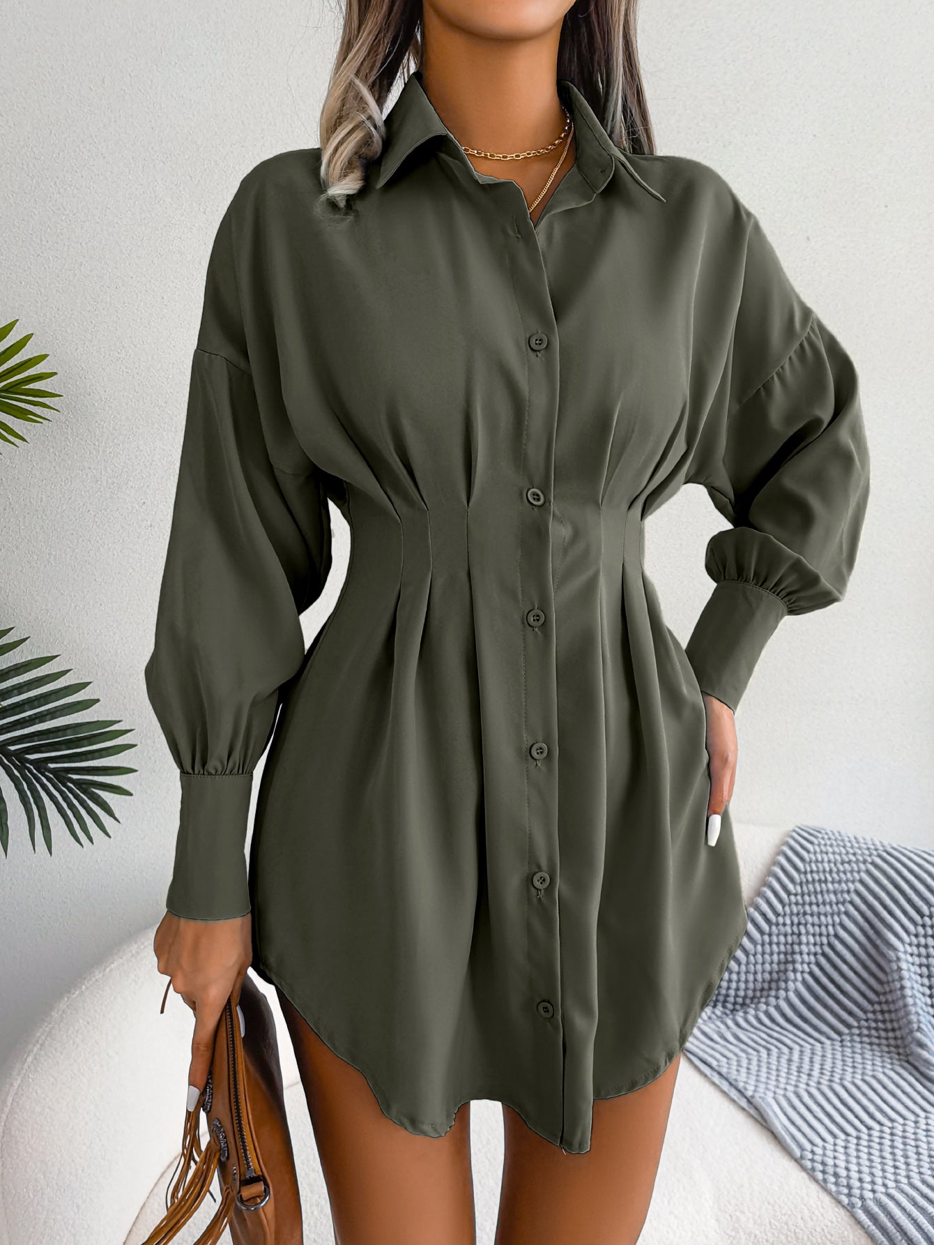 Women  Casual Lantern Sleeve Tie Waist Asymmetric Shirt Dress