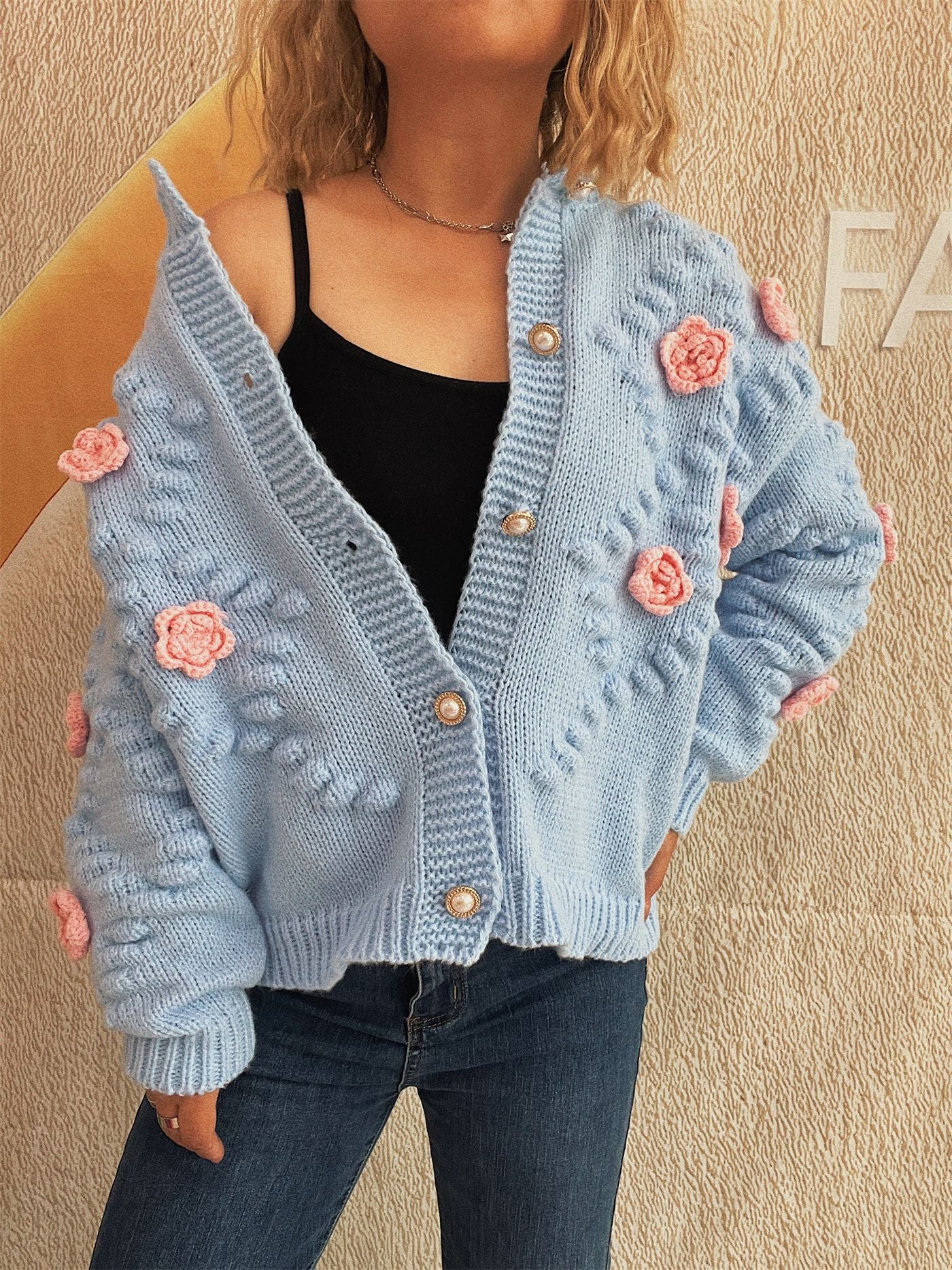 Cute Three-dimensional Flower Decorative Knitted Cardigan Round Neck Sweater