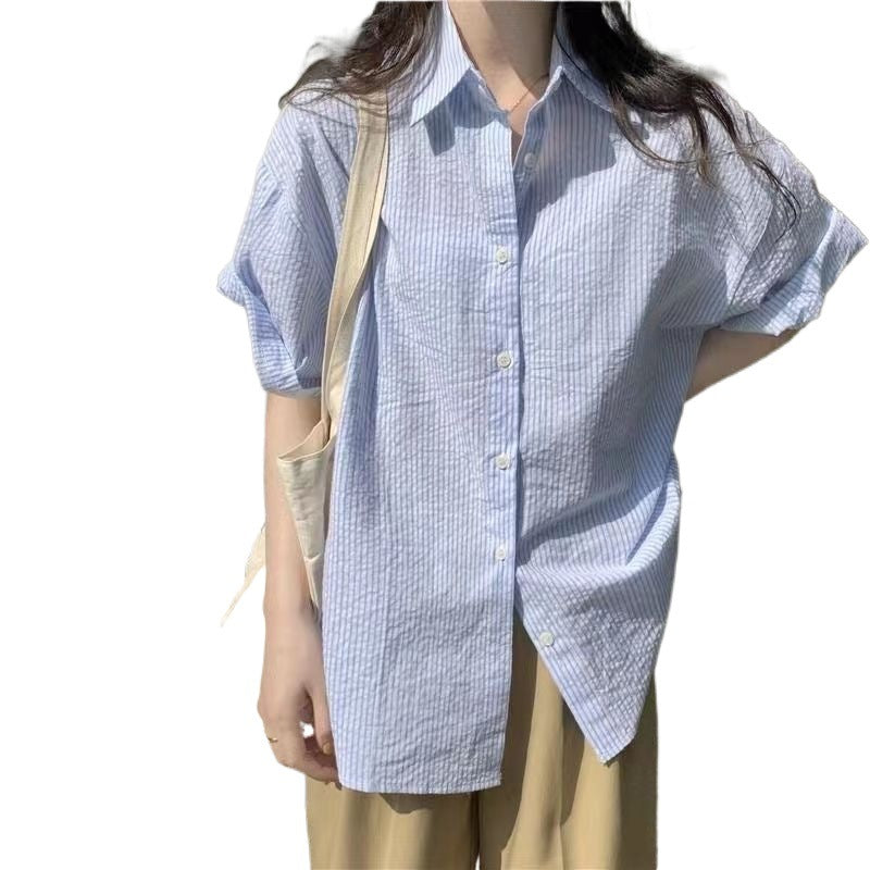 Women's Short-sleeve Blue Striped Shirt