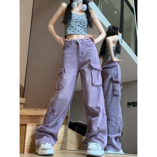 Summer Retro Hot Girl Sweet Cool Style Purple Washed Distressed Straight Wide Leg Jeans For Women