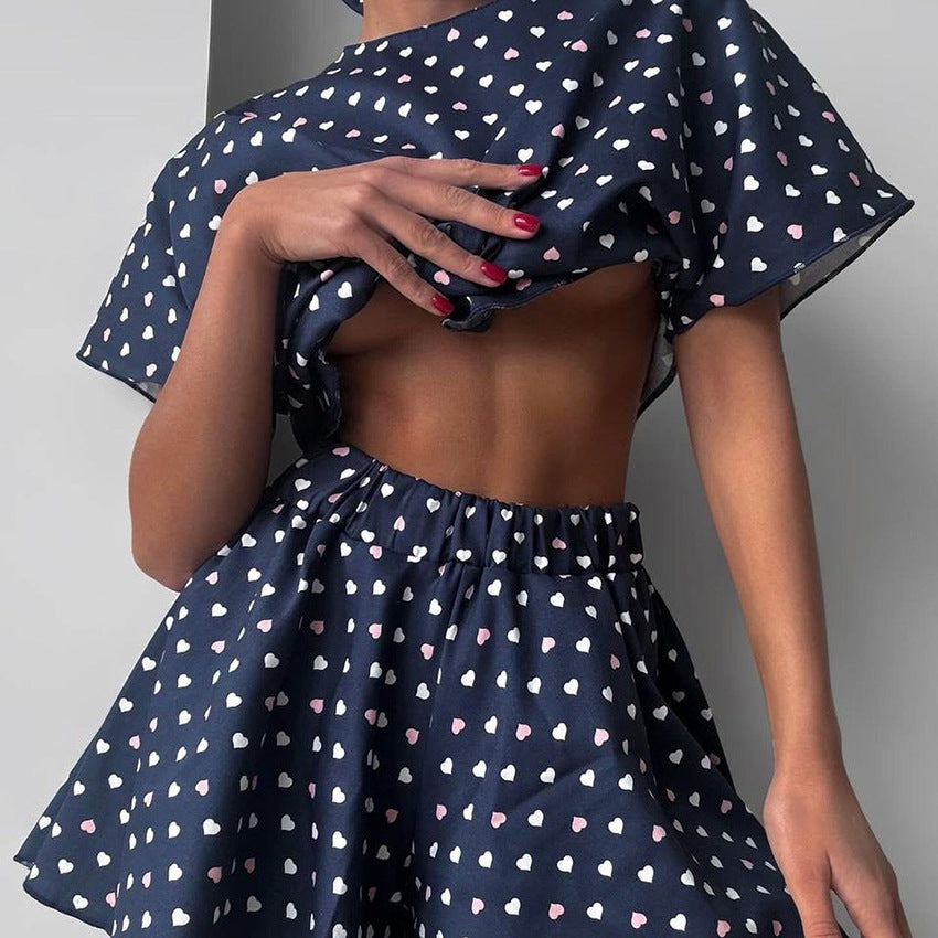 Loose-fitting Casual Home Wear Short-Sleeve Top And Shorts Set With Hair Tie 3 Pieces