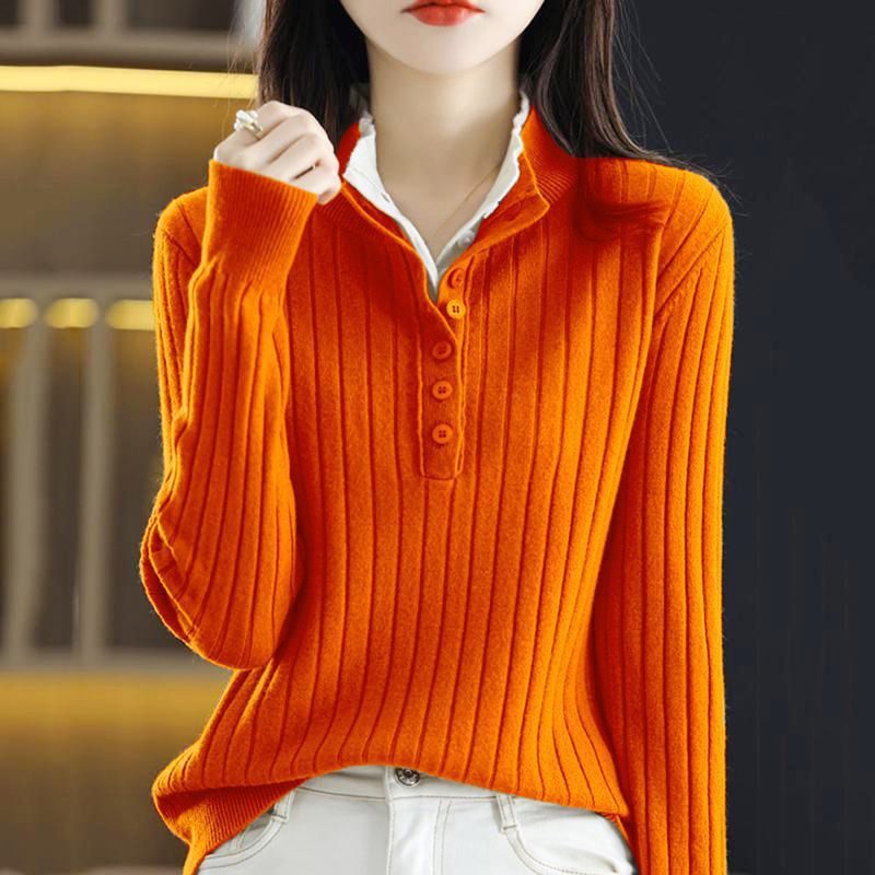 Fake Two-piece Half-open Collar Button-up Sweater Women