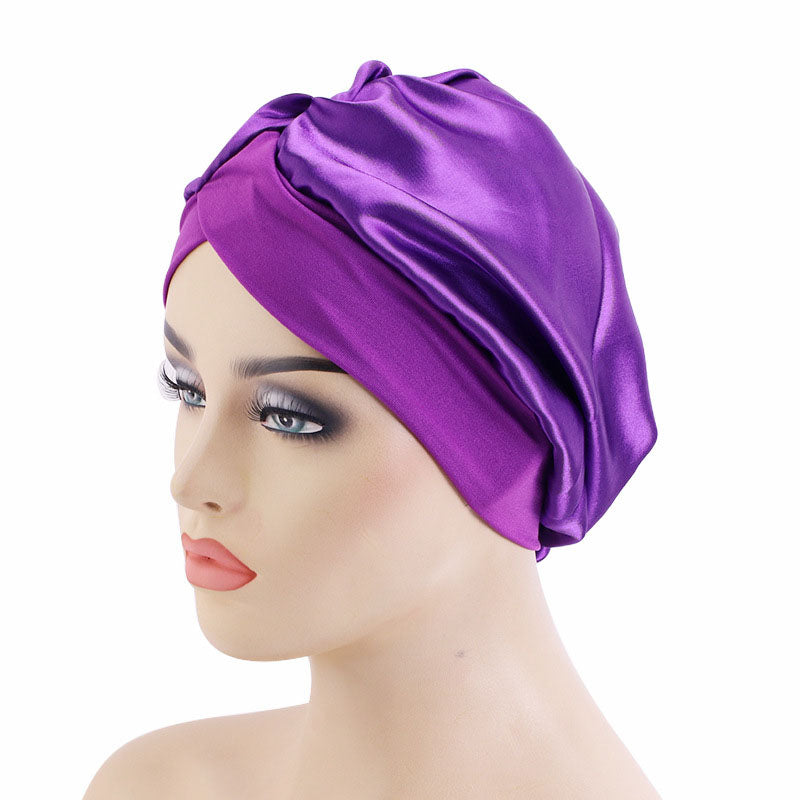 Solid Color Cross-Brim Satin Nightcap Hair Care Hat