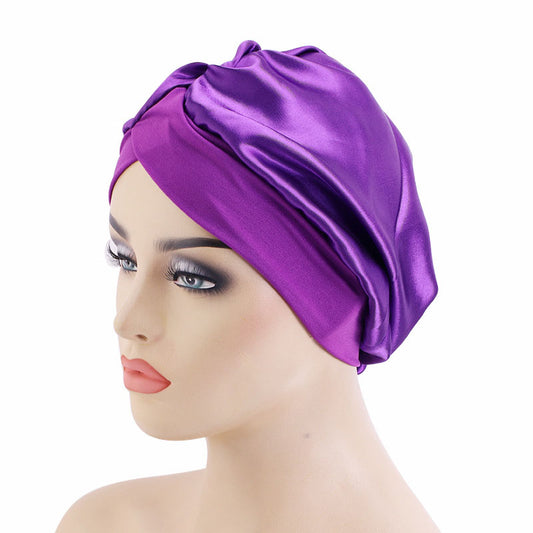 Solid Color Cross-Brim Satin Nightcap Hair Care Hat