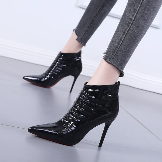 Pointed Toe High-heeled Boots With Rear Zipper Martin Boots