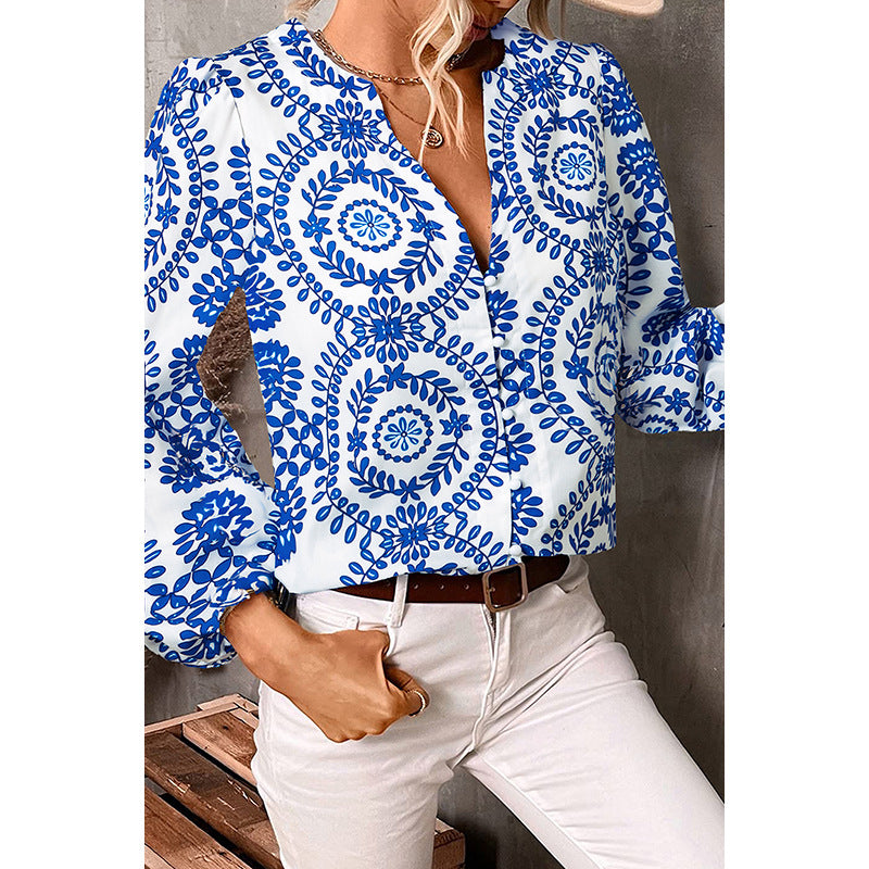 Slim-fit Long-sleeved Women's European And American Fashion All-match Multi-color Printed Shirt