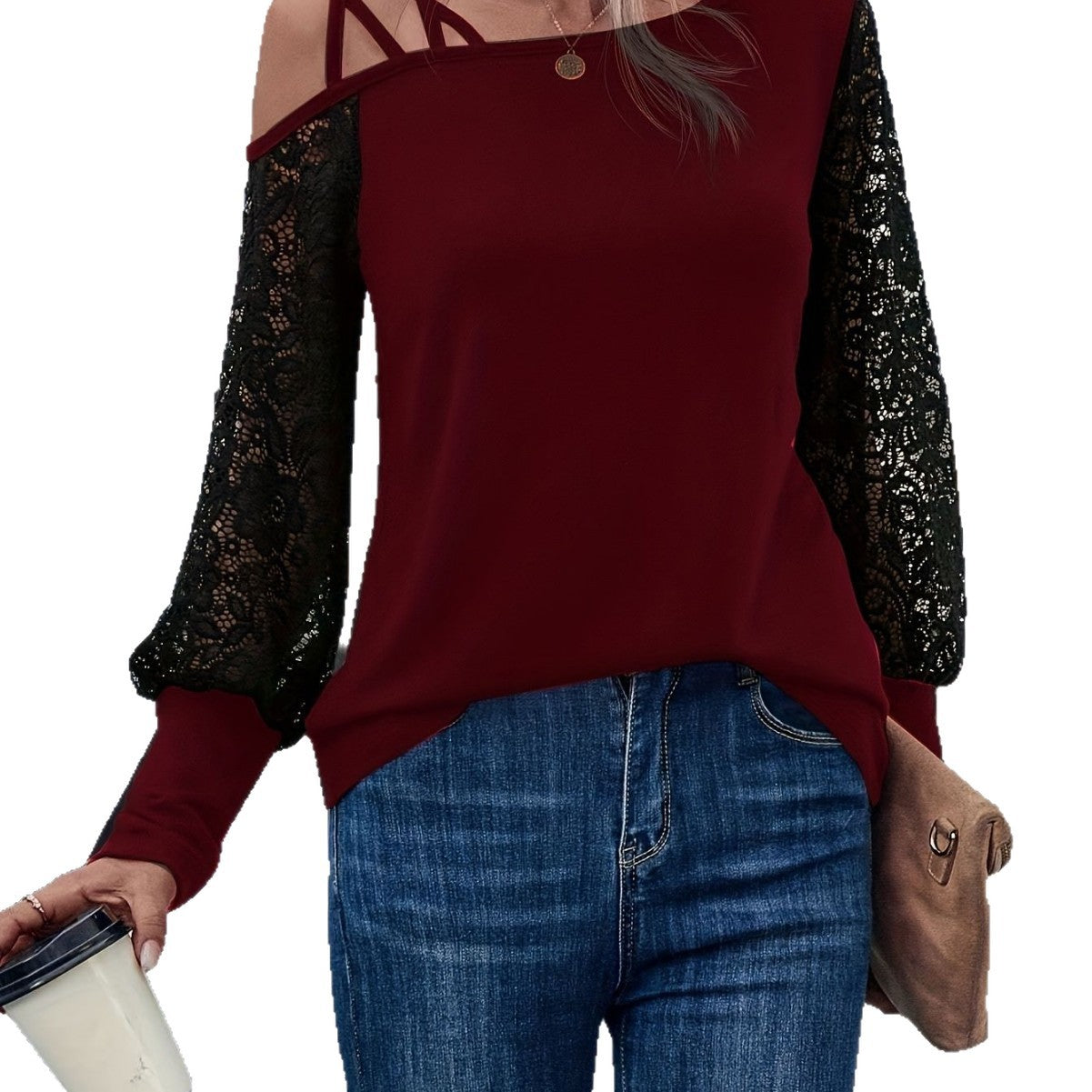 Womens Loose Red Lace-Panel Long-Sleeve T-Shirt