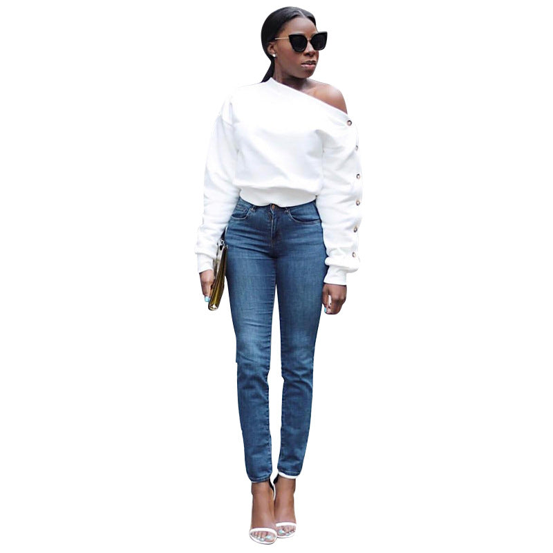 Sexy Off-shoulder Off-shoulder Personalized Buckle Sleeve Sweater