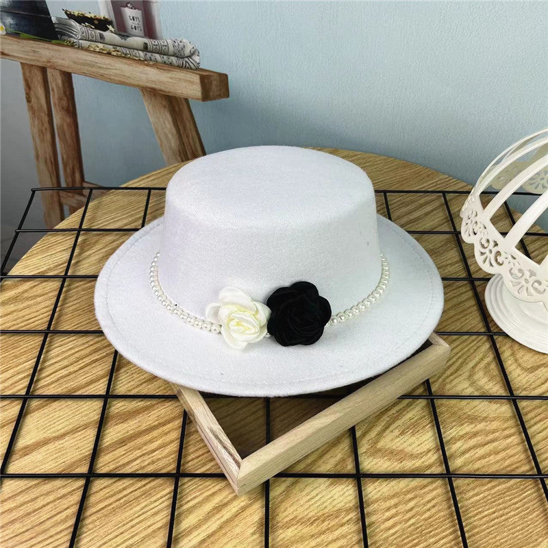 Vintage Hattedame Perlekæde Blomster Uld Flad Hat