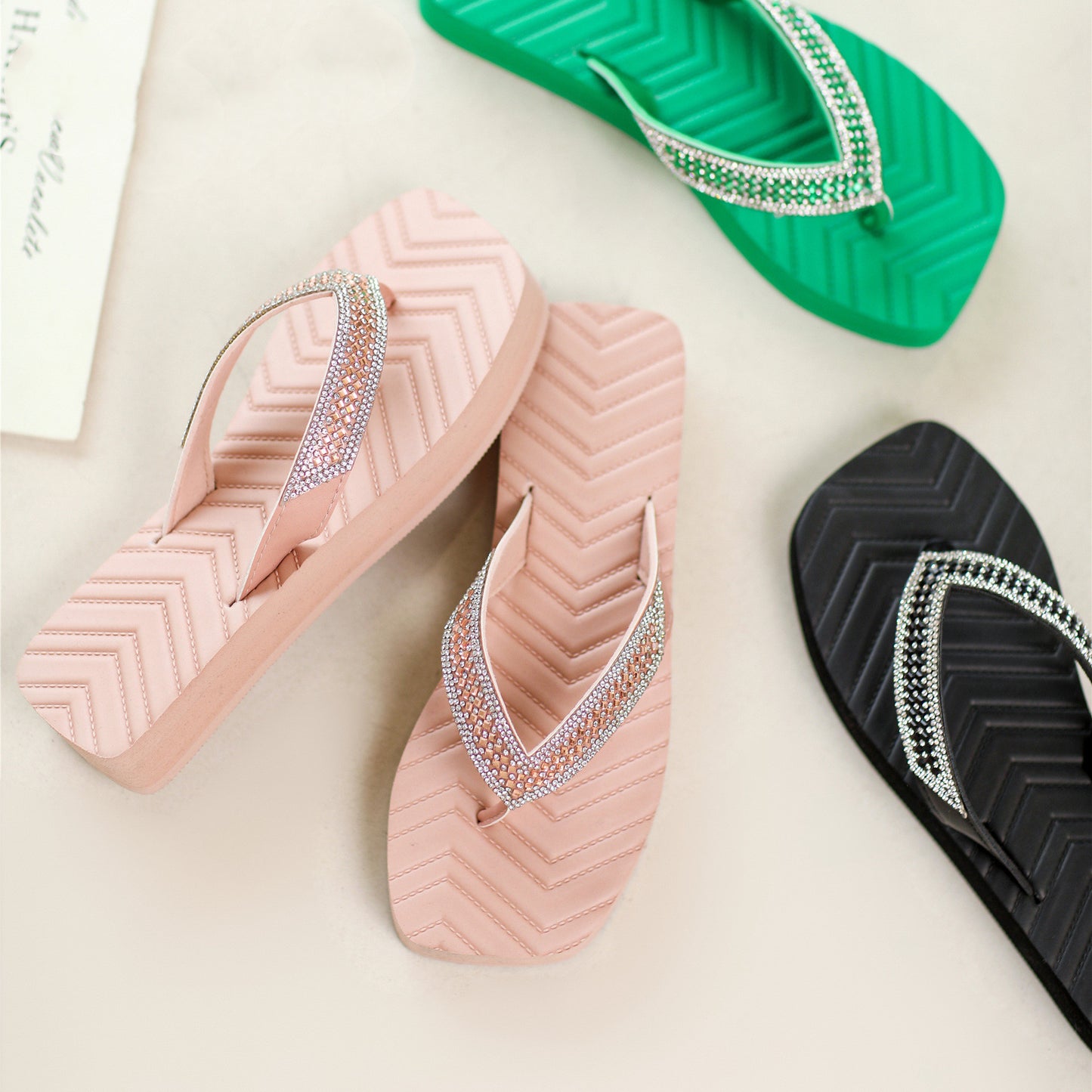 Square Head Clip-on Sandals Thick Bottom Rhinestone Flip Flops