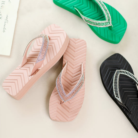 Square Head Clip-on Sandals Thick Bottom Rhinestone Flip Flops