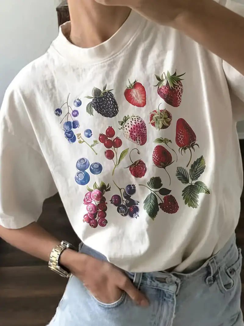 Fruit Strawberry Round Neck Short Sleeve Top For Women