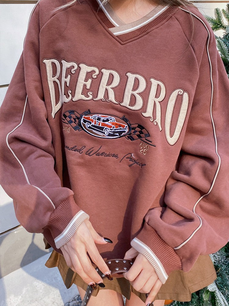 Embroidered Racing Street Style Contrast V Neck Top