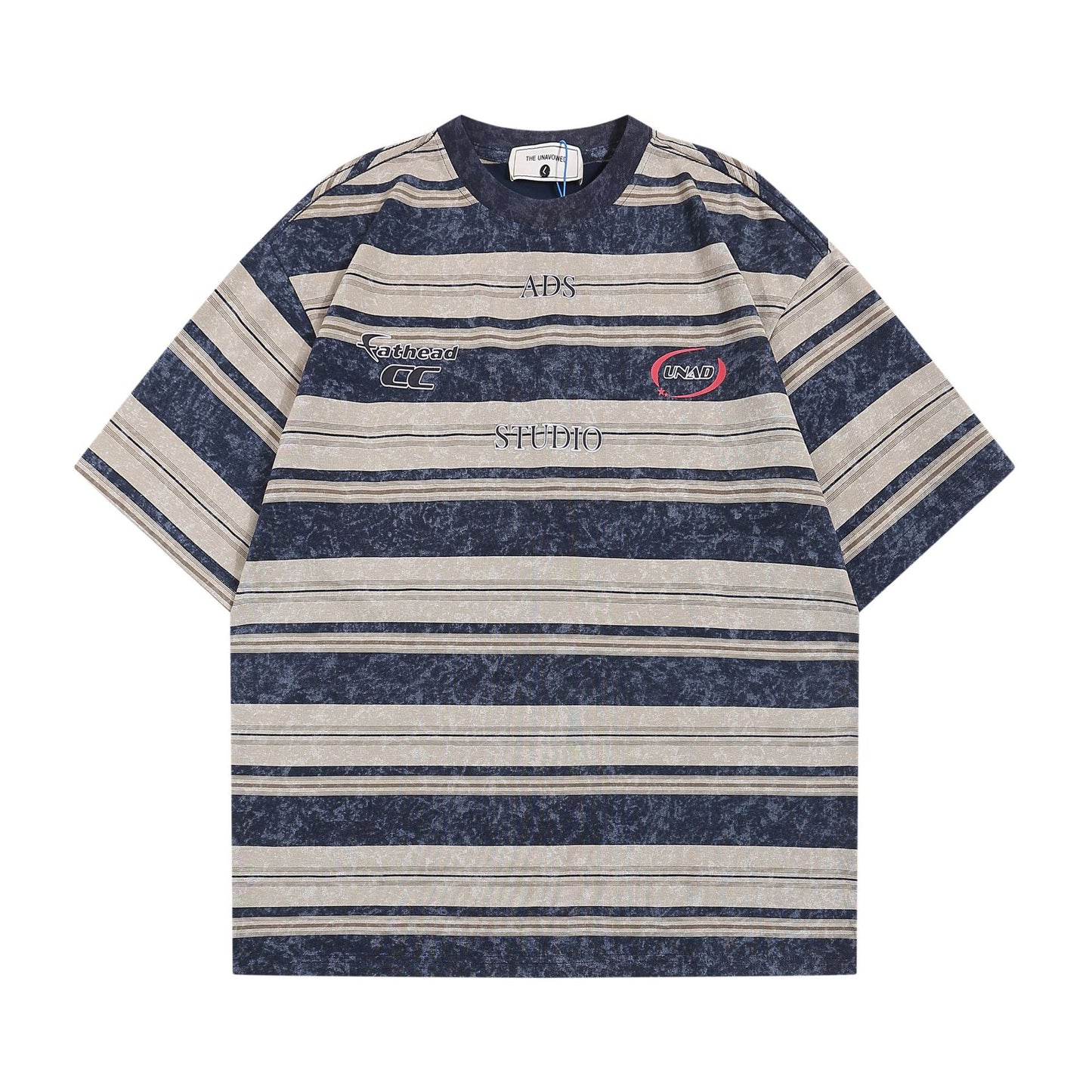 Japansk-inspireret Retro Stribet Kortærmet T-shirt til Mænd og Kvinder med Bogstavprint