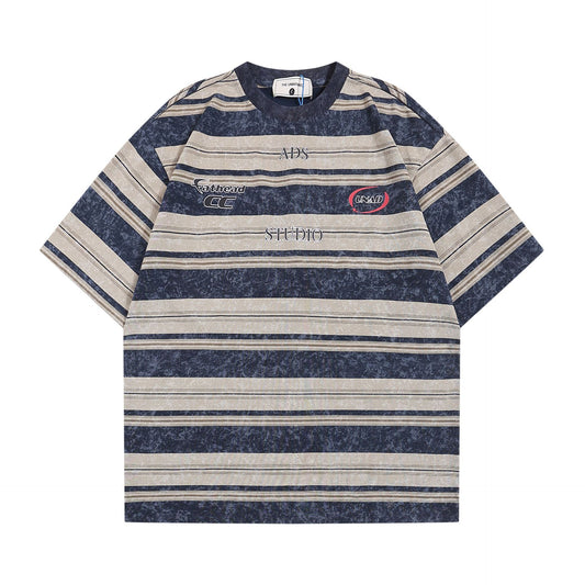 Japansk-inspireret Retro Stribet Kortærmet T-shirt til Mænd og Kvinder med Bogstavprint