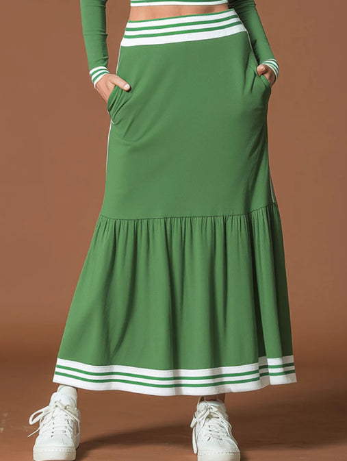 Sporty Retro Striped Square Neck Ruffled Green Cotton T Shirt And Skirt Set