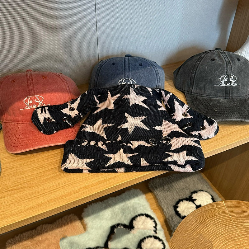 Yabifeng Metal Hoop Star Rabbit Ear Knitted Hat