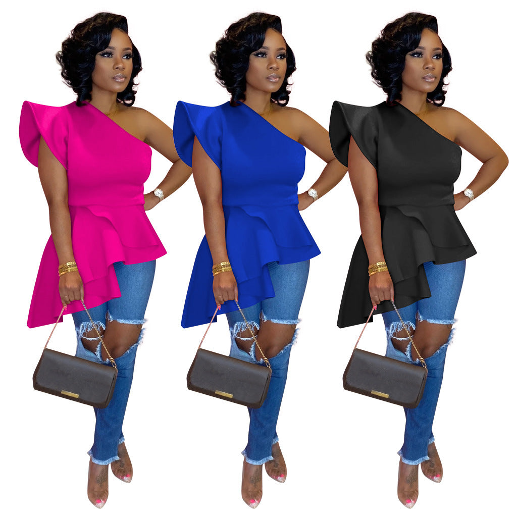 One-shoulder Ruffle Irregular Short-sleeved Top
