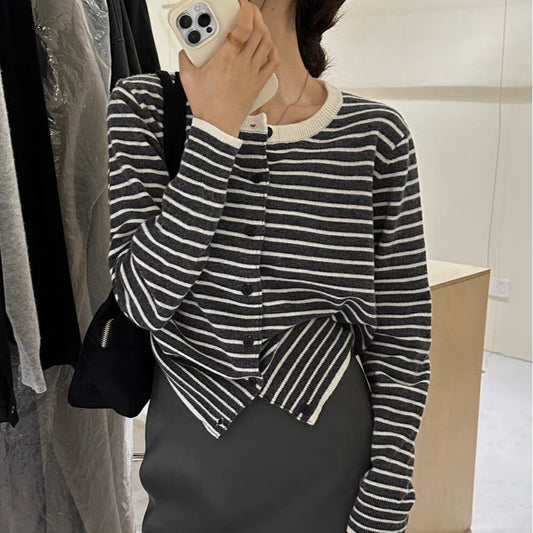 Fransk Stil Klassisk Stil Stribet Sweater Cardigan Jakke til Kvinder