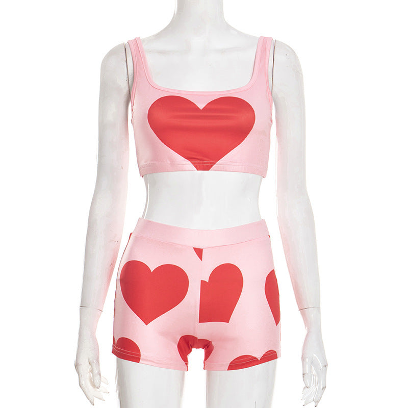 Heart Printed Cropped Tank Top And Tight Shorts Set