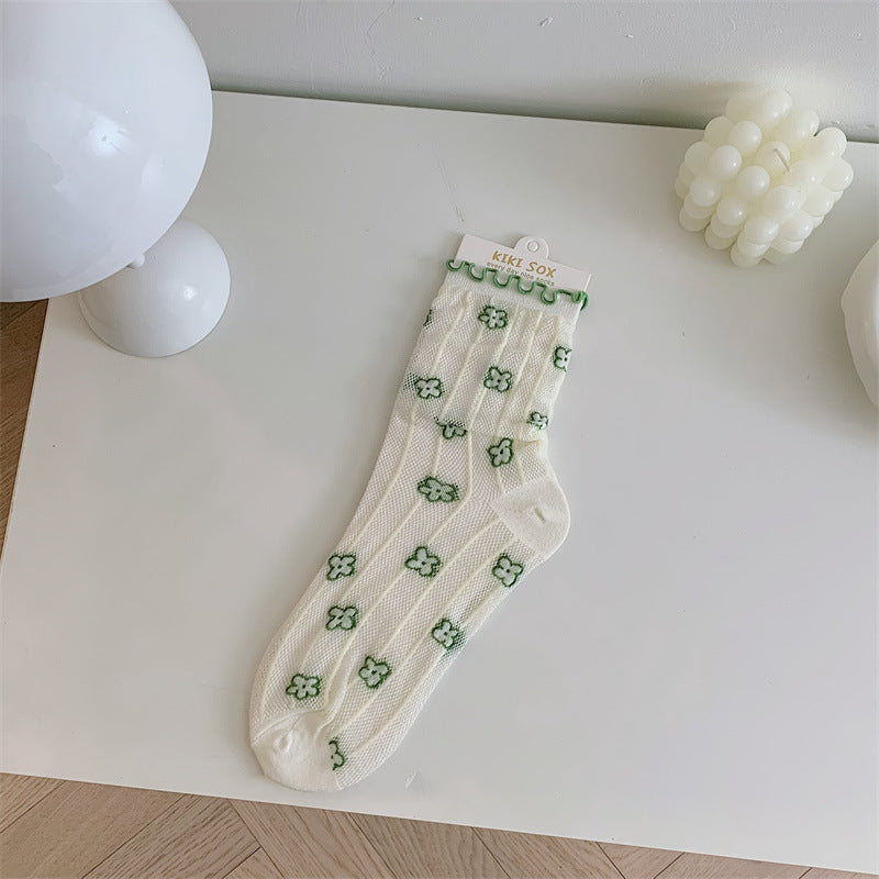 Mesh Stockings Children's College Style Wooden Ear Vertical Stripes Small Flower Tube Socks