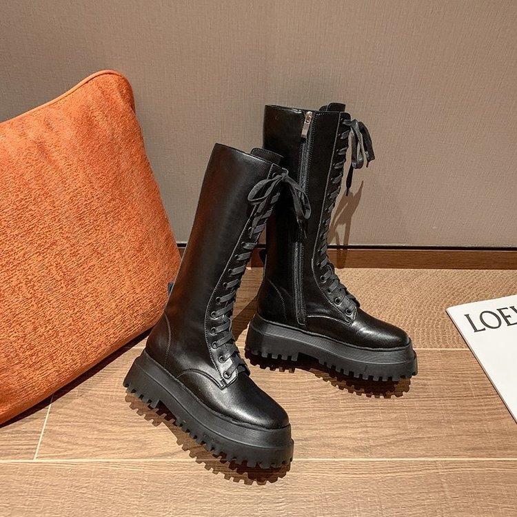 British Style Knee Boots Side Zipper Black