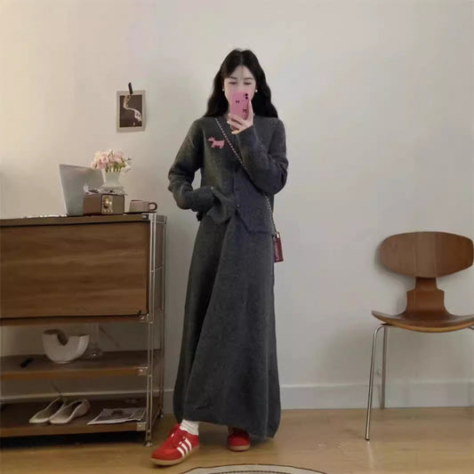 Spring Autumn New Stylish Commuter Slim Knit Cardigan And Long Skirt Two-Piece Set