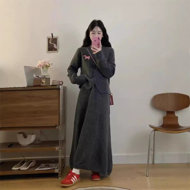 Spring Autumn New Stylish Commuter Slim Knit Cardigan And Long Skirt Two-Piece Set