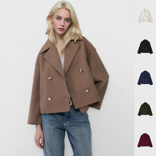 Ins Double-breasted Lapel Blazer Jacket Fashion Loose Woolen Short Coat Elegant Commuting Women's Clothing