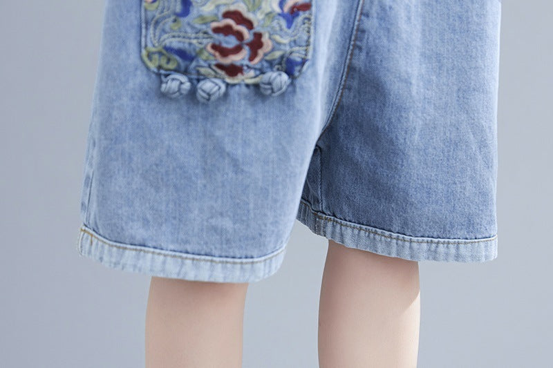 Fat Mm Artistic Style Embroidered Denim Suspenders